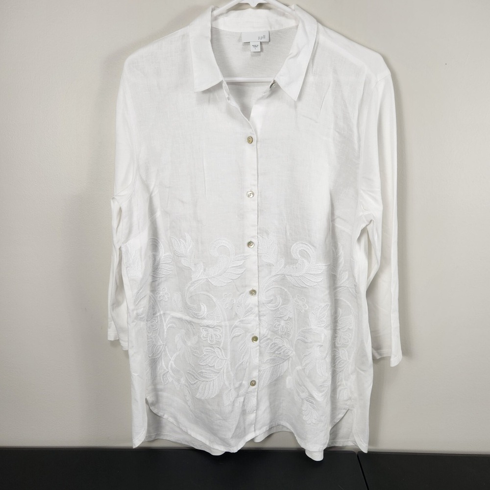 J. Jill Button Front Shirt Womens Large White Embroidered Linen Mother Pearl